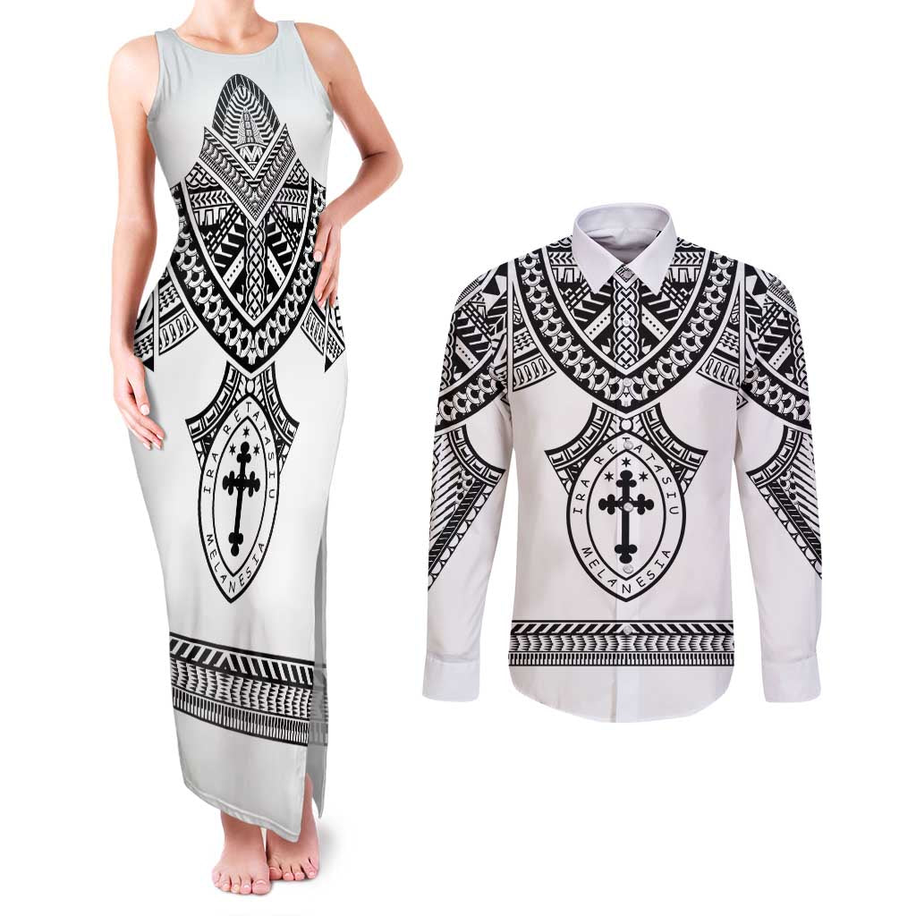 Personalised Melanesian Brotherhood Couples Matching Tank Maxi Dress and Long Sleeve Button Shirt With Tribal Pattern - Polynesian Pride
