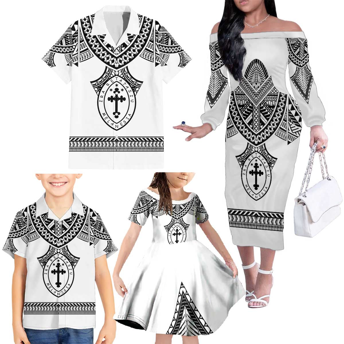 Personalised Melanesian Brotherhood Family Matching Off The Shoulder Long Sleeve Dress and Hawaiian Shirt With Tribal Pattern LT05 - Polynesian Pride