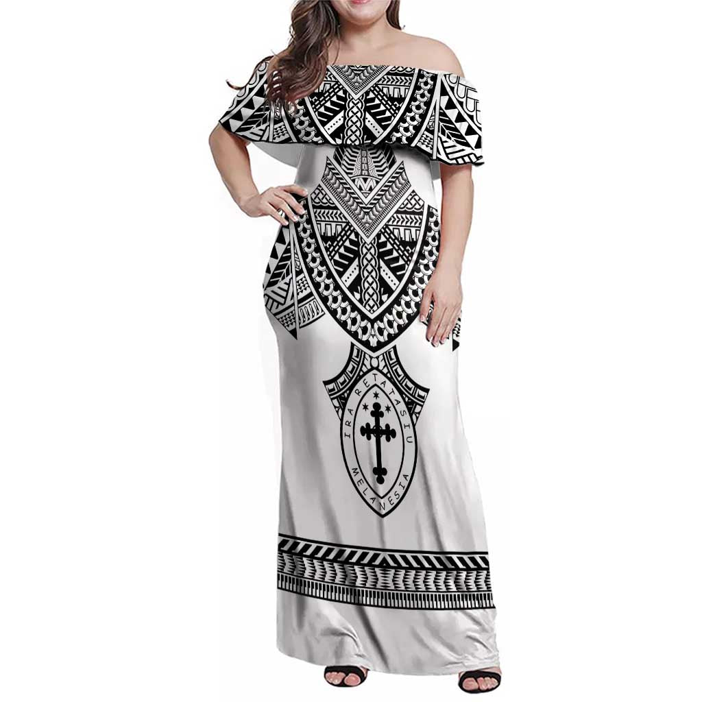 Personalised Melanesian Brotherhood Family Matching Off Shoulder Maxi Dress and Hawaiian Shirt With Tribal Pattern LT05 Mom's Dress White - Polynesian Pride