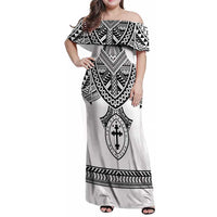 Personalised Melanesian Brotherhood Family Matching Off Shoulder Maxi Dress and Hawaiian Shirt With Tribal Pattern LT05 Mom's Dress White - Polynesian Pride