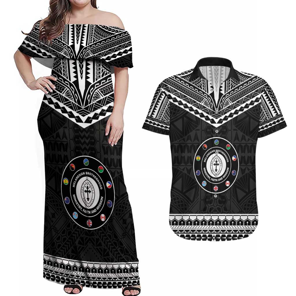 Personalised Melanesian Brotherhood Couples Matching Off Shoulder Maxi Dress and Hawaiian Shirt Ministry Faith And Mission LT05 Black - Polynesian Pride