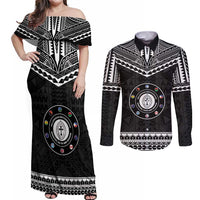 Personalised Melanesian Brotherhood Couples Matching Off Shoulder Maxi Dress and Long Sleeve Button Shirt Ministry Faith And Mission LT05 Black - Polynesian Pride