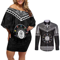 Personalised Melanesian Brotherhood Couples Matching Off Shoulder Short Dress and Long Sleeve Button Shirt Ministry Faith And Mission LT05 Black - Polynesian Pride