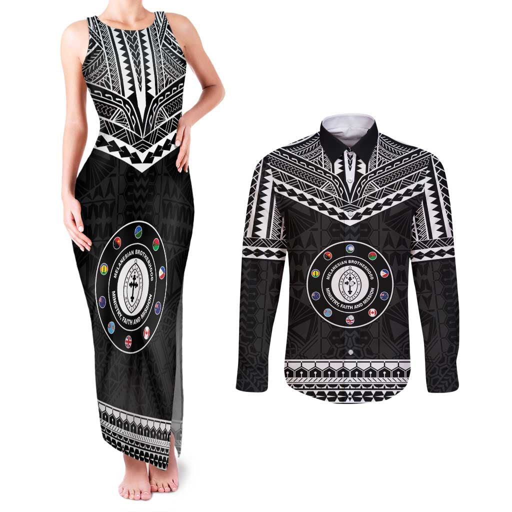Personalised Melanesian Brotherhood Couples Matching Tank Maxi Dress and Long Sleeve Button Shirt Ministry Faith And Mission LT05 Black - Polynesian Pride