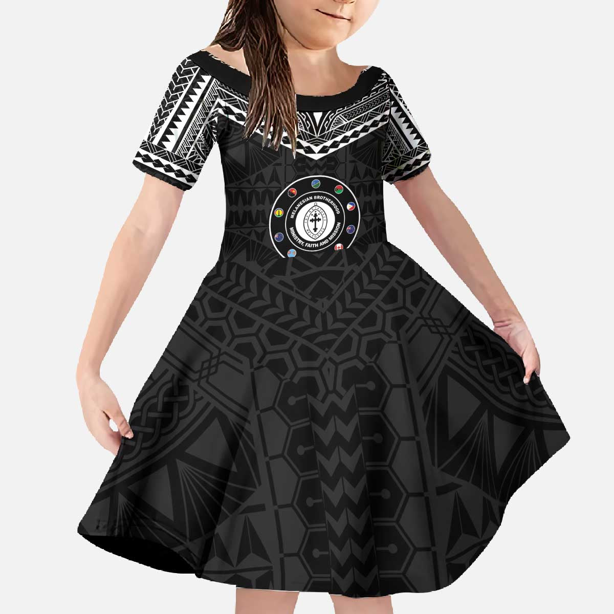 Personalised Melanesian Brotherhood Family Matching Off The Shoulder Long Sleeve Dress and Hawaiian Shirt Ministry Faith And Mission LT05 Daughter's Dress Black - Polynesian Pride