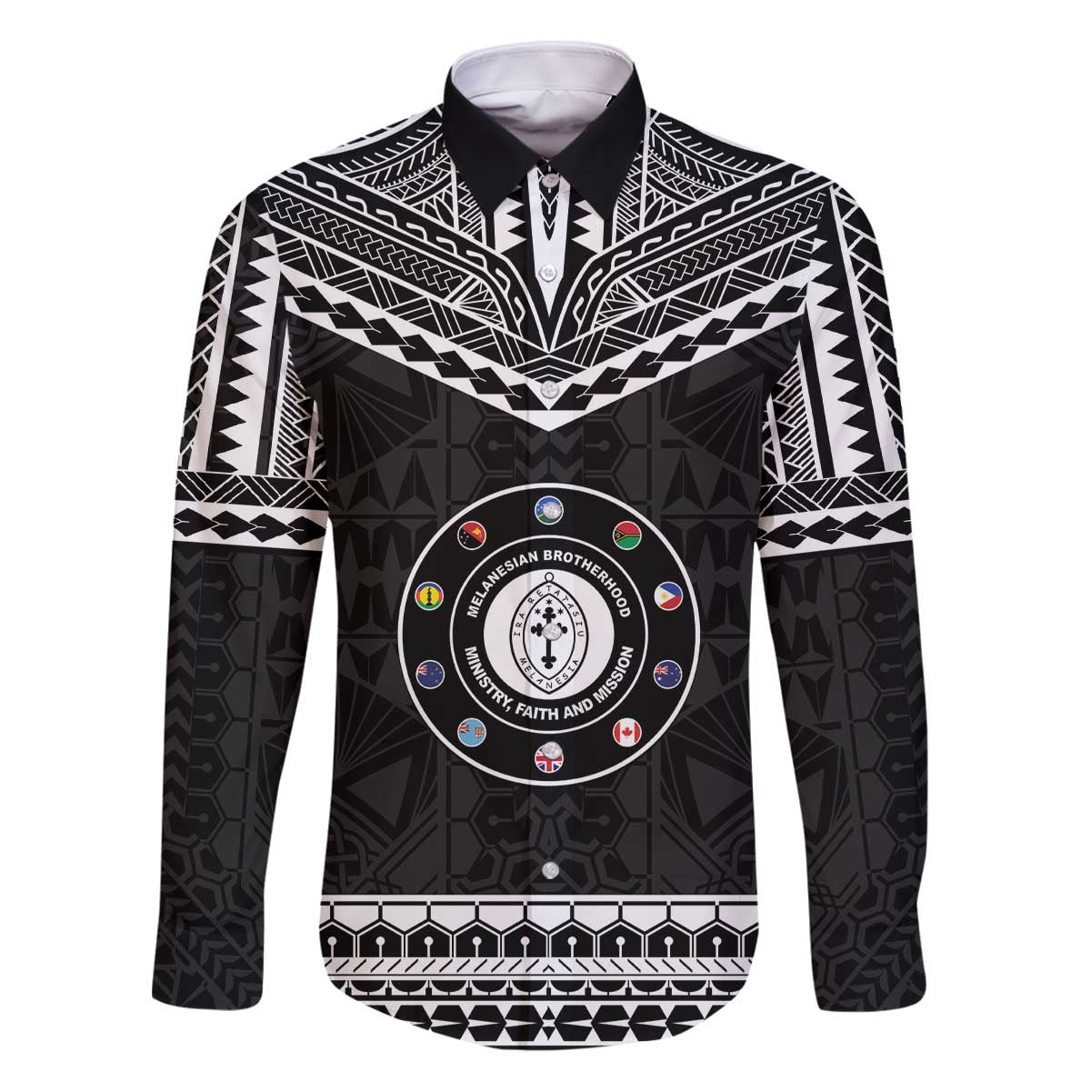 Personalised Melanesian Brotherhood Family Matching Off The Shoulder Long Sleeve Dress and Hawaiian Shirt Ministry Faith And Mission LT05 Dad's Shirt - Long Sleeve Black - Polynesian Pride