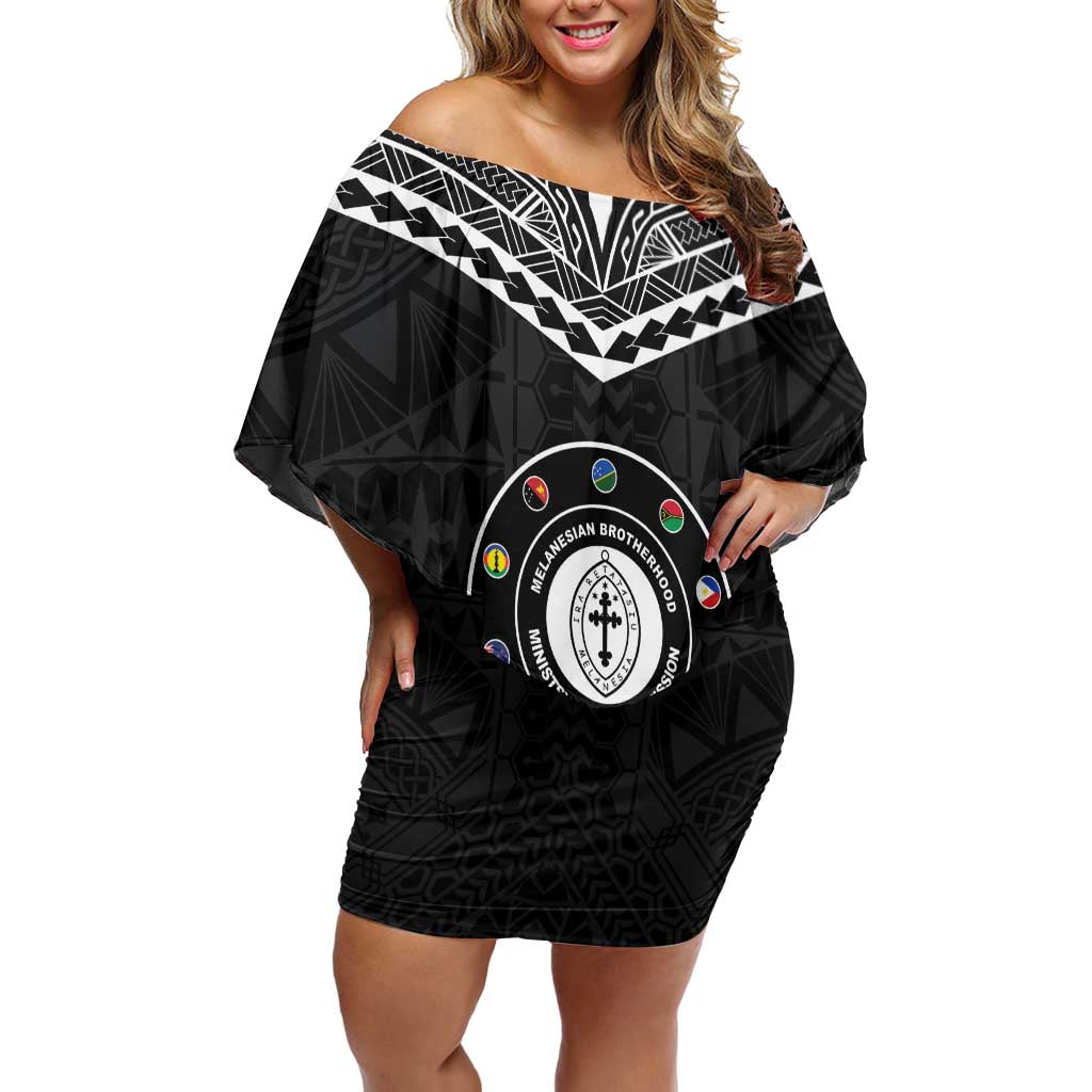 Personalised Melanesian Brotherhood Family Matching Off Shoulder Short Dress and Hawaiian Shirt Ministry Faith And Mission LT05 Mom's Dress Black - Polynesian Pride