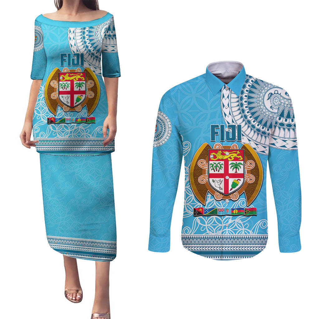 Fiji Couples Matching Puletasi Dress and Long Sleeve Button Shirts Melanesian Festival 2023 LT6 Blue - Polynesian Pride