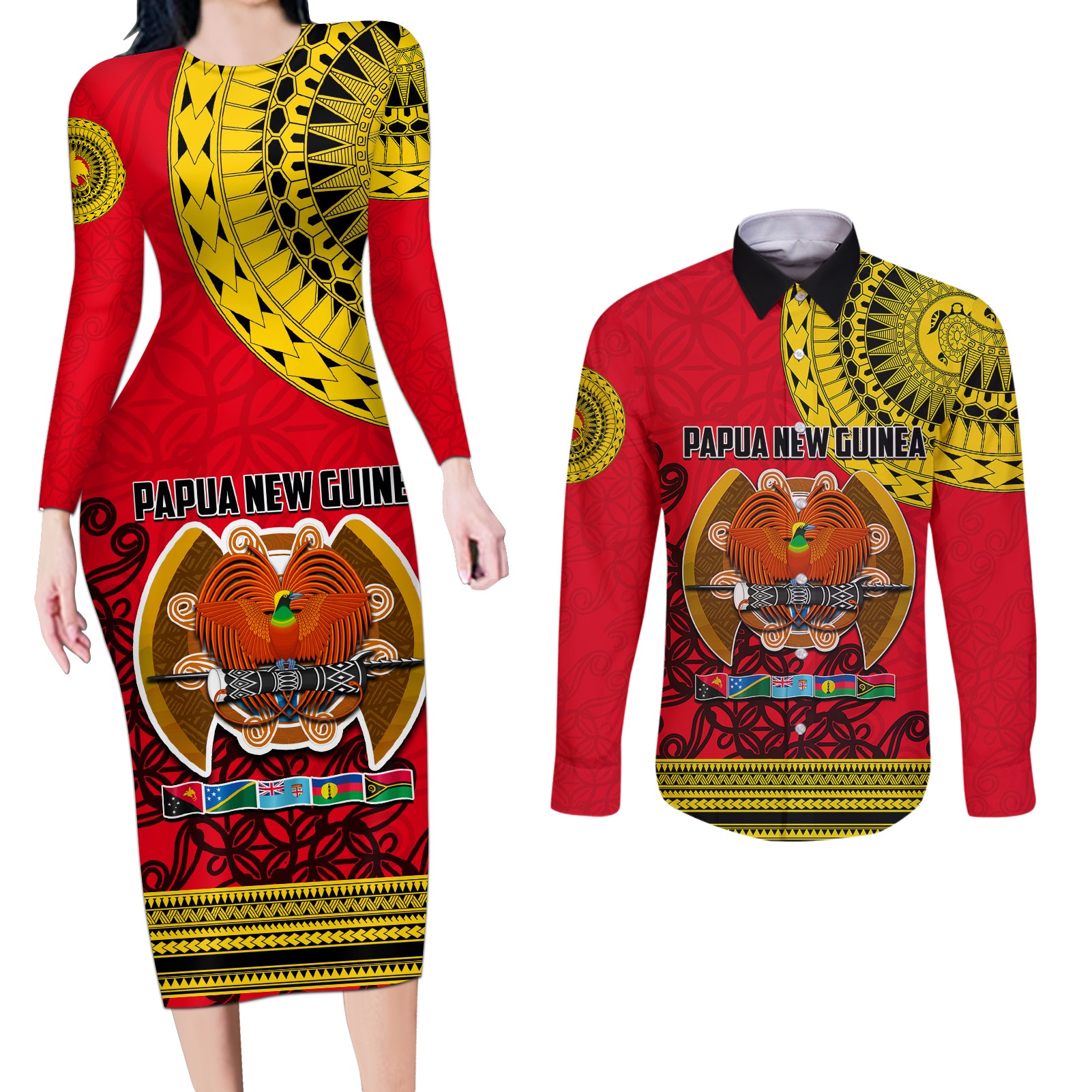 Papua New Guinea Couples Matching Long Sleeve Bodycon Dress and Long Sleeve Button Shirts Melanesian Festival 2023 LT6 Red - Polynesian Pride