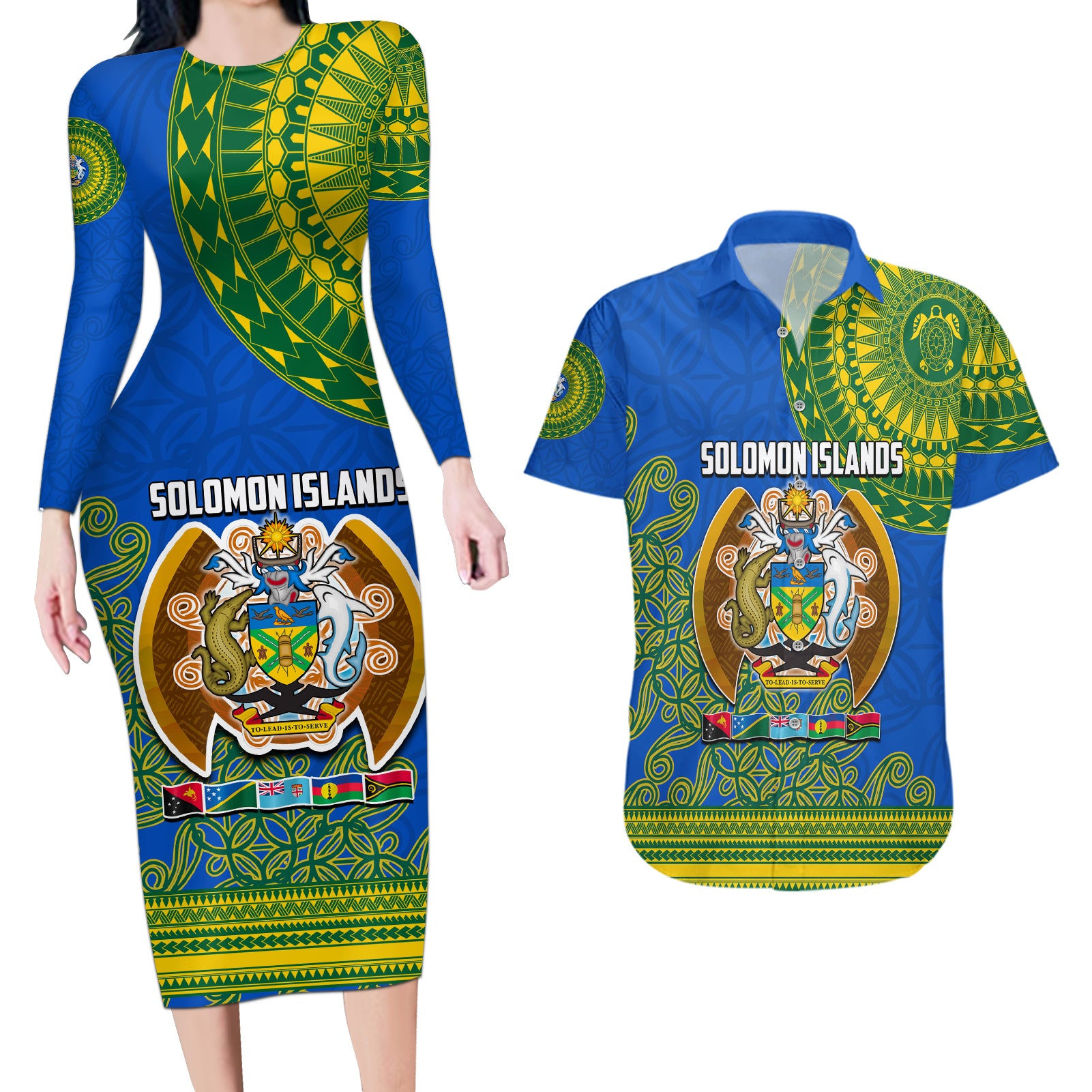 Solomon Islands Couples Matching Long Sleeve Bodycon Dress and Hawaiian Shirt Melanesian Festival 2023 LT6 Green - Polynesian Pride