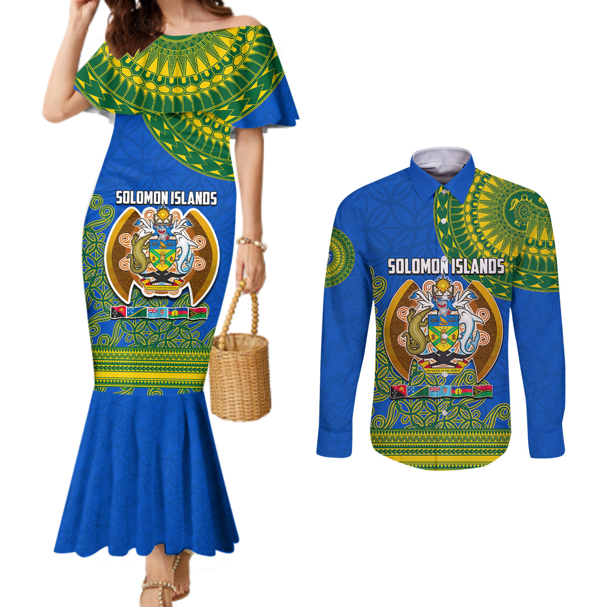 Solomon Islands Couples Matching Mermaid Dress and Long Sleeve Button Shirts Melanesian Festival 2023 LT6 Green - Polynesian Pride