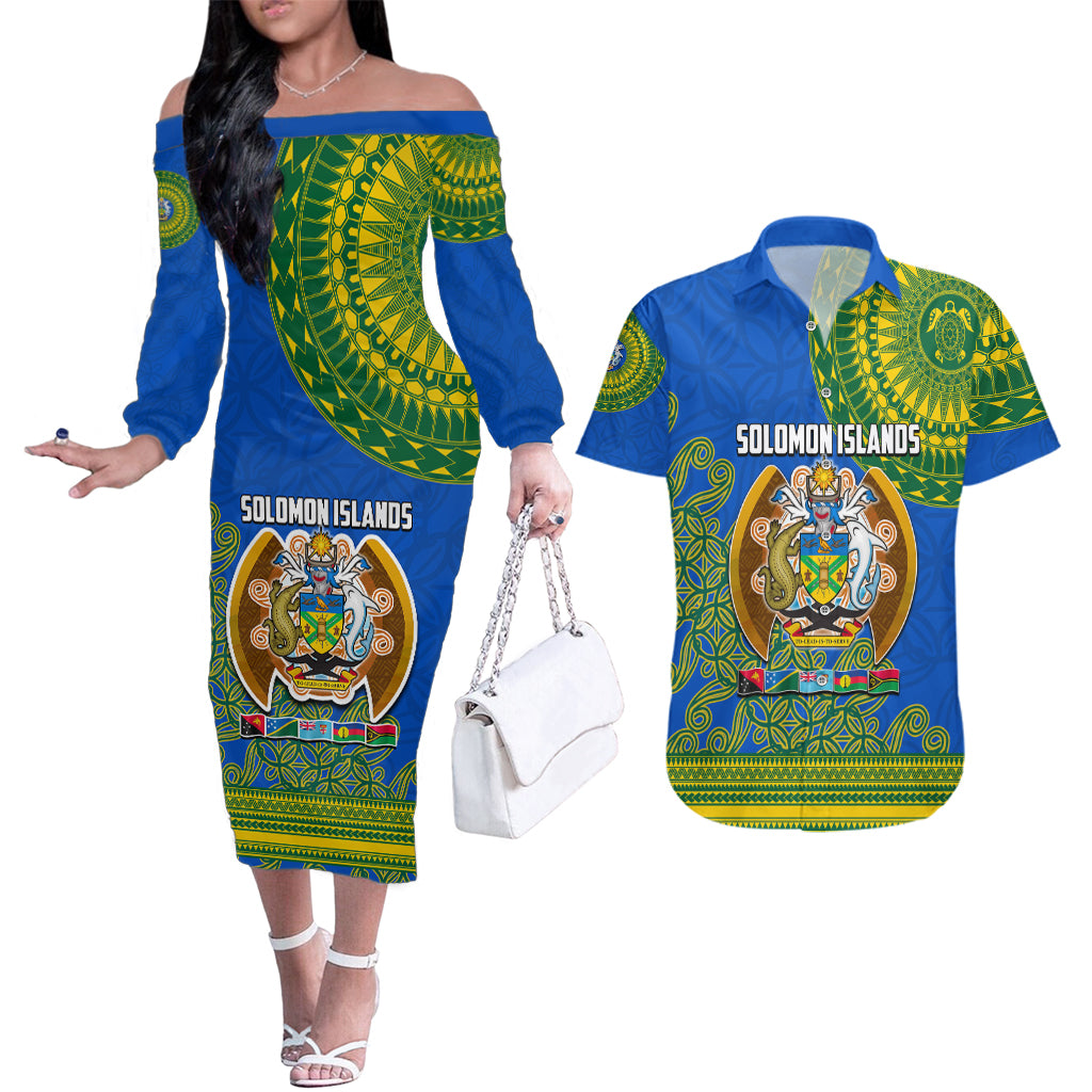 Solomon Islands Couples Matching Off The Shoulder Long Sleeve Dress and Hawaiian Shirt Melanesian Festival 2023 LT6 Green - Polynesian Pride