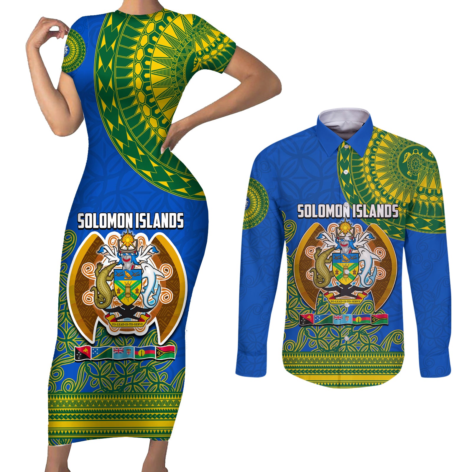 Solomon Islands Couples Matching Short Sleeve Bodycon Dress and Long Sleeve Button Shirts Melanesian Festival 2023 LT6 Green - Polynesian Pride