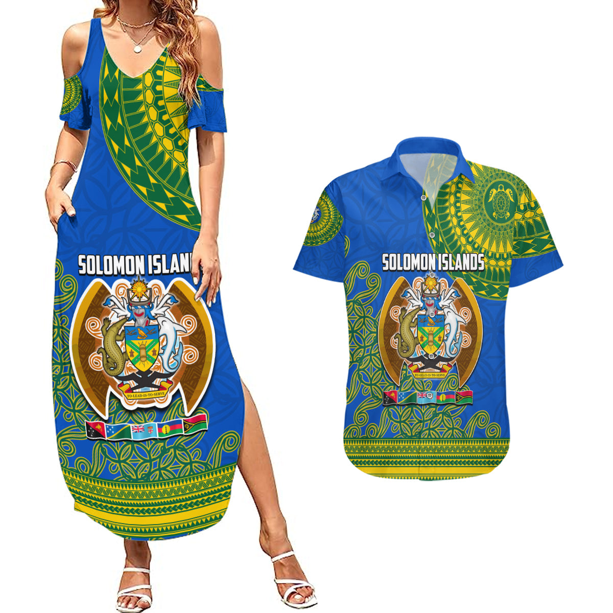 Solomon Islands Couples Matching Summer Maxi Dress and Hawaiian Shirt Melanesian Festival 2023 LT6 Green - Polynesian Pride