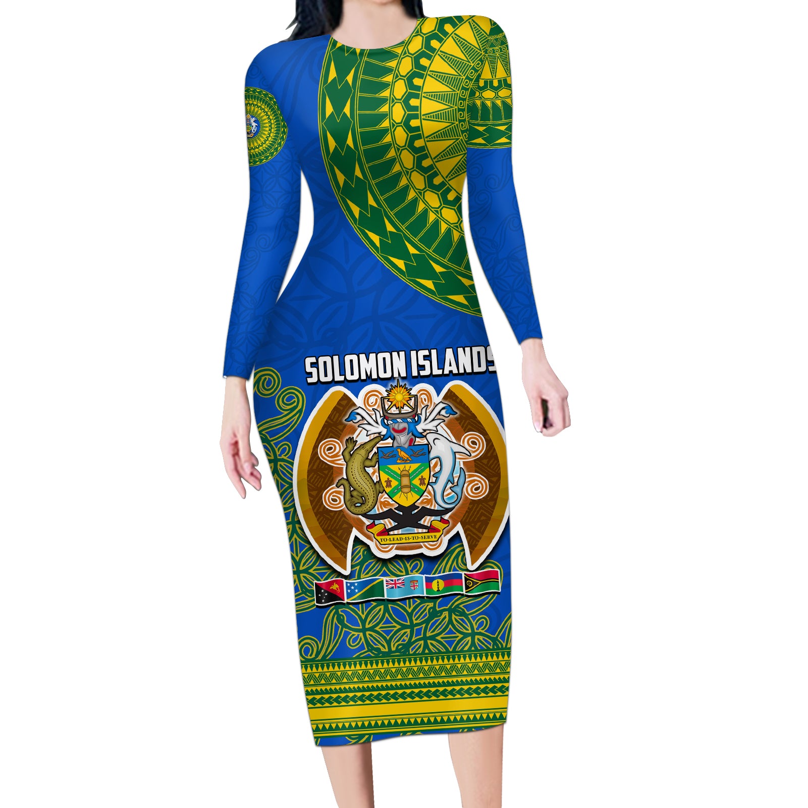 Solomon Islands Long Sleeve Bodycon Dress Melanesian Festival 2023 LT6 Long Dress Green - Polynesian Pride