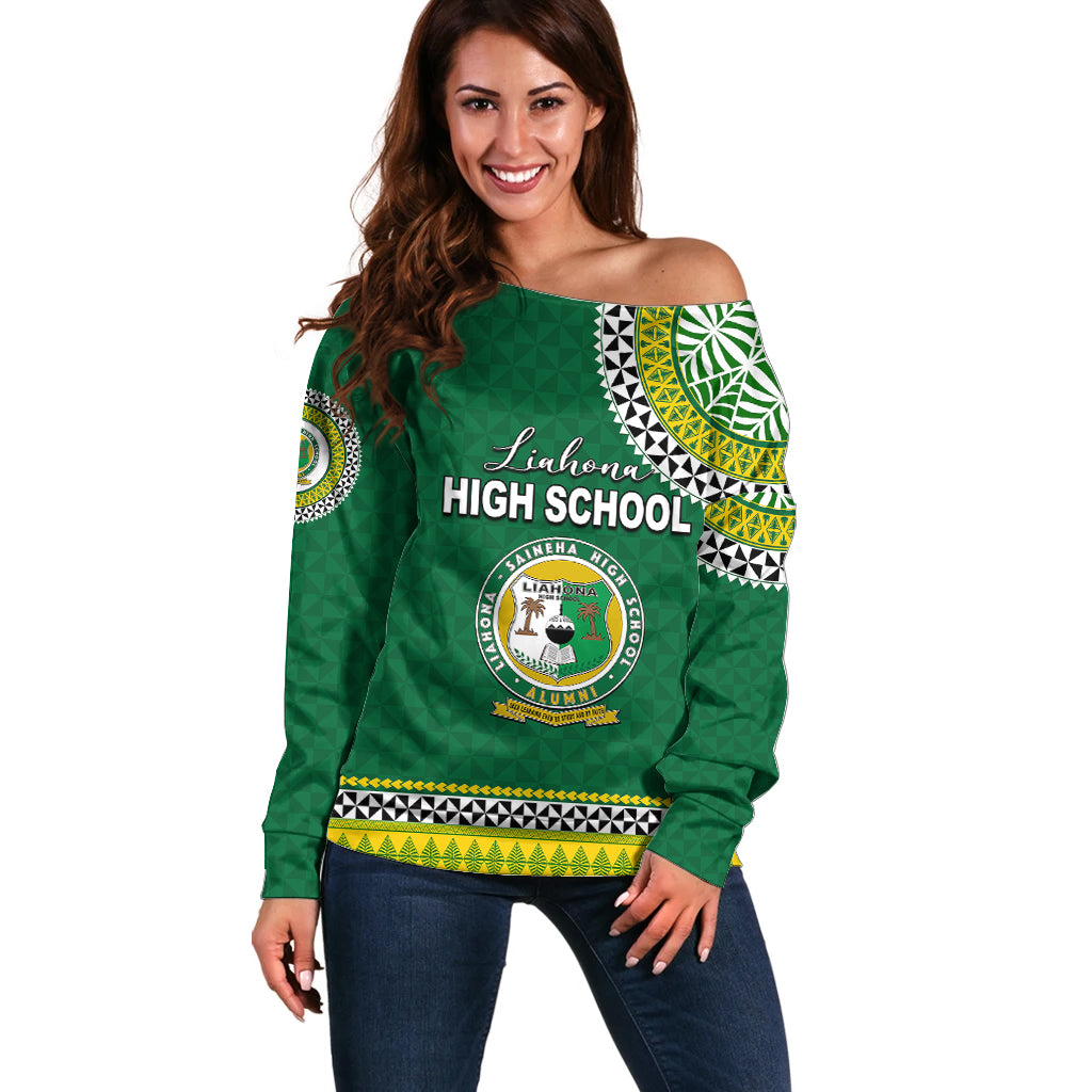 Tonga School Liahona High School Off Shoulder Sweater Tribal Pattern LT6 Women Green - Polynesian Pride