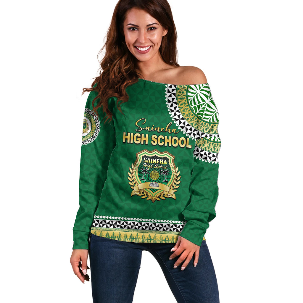 Tonga School Saineha High School Off Shoulder Sweater Tribal Pattern LT6 Women Green - Polynesian Pride