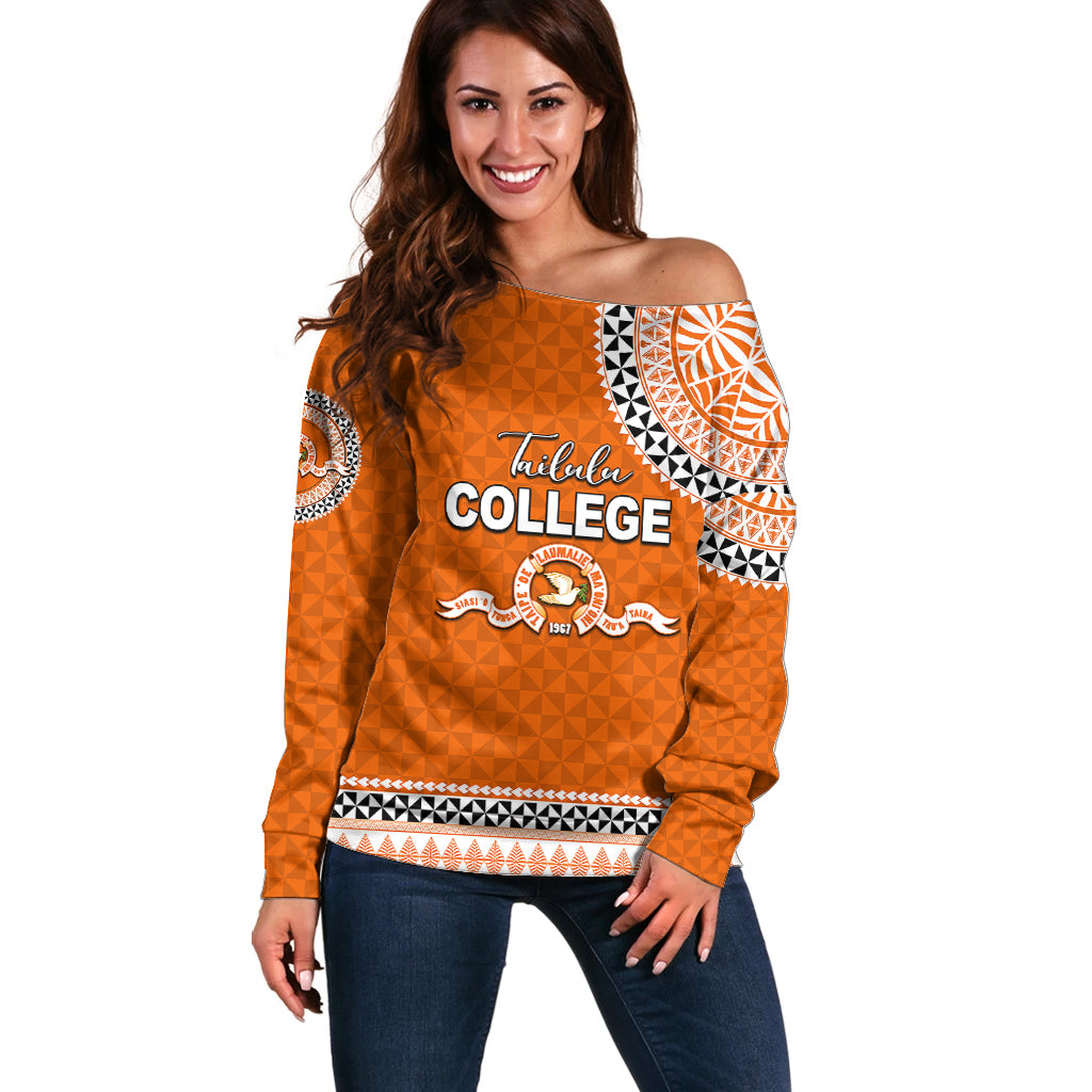 Tonga School Tailulu College Off Shoulder Sweater Tribal Pattern LT6 Women Orange - Polynesian Pride