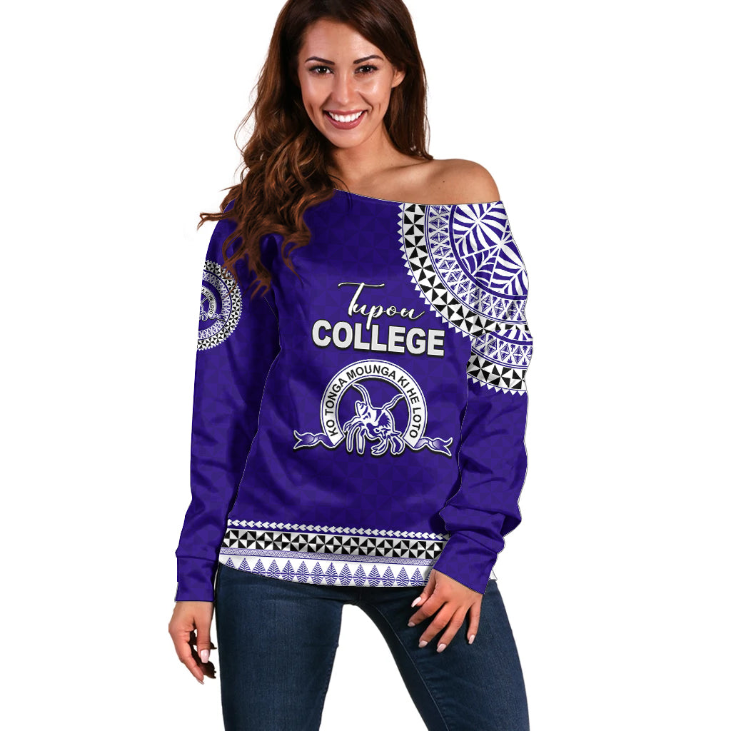 Tonga School Tupou College Off Shoulder Sweater Tribal Pattern LT6 Women Blue - Polynesian Pride