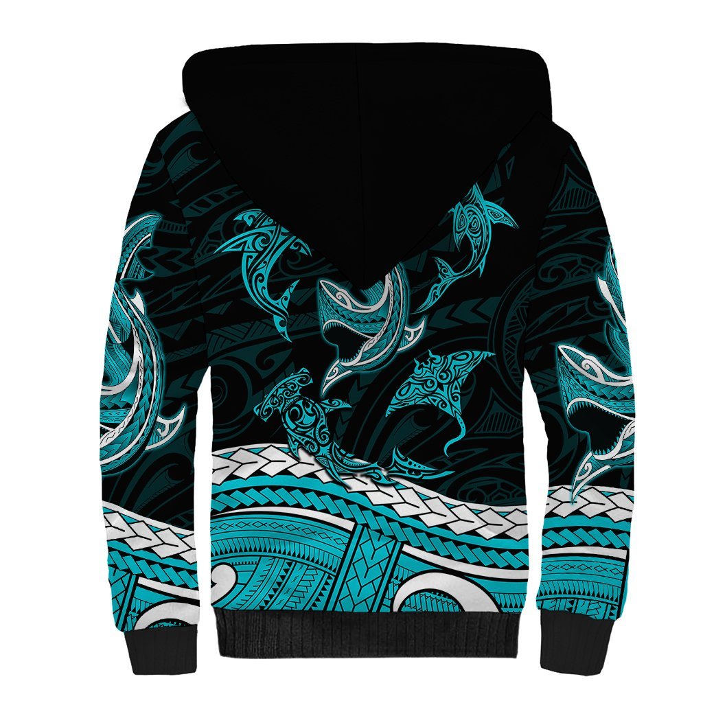 Polynesian Tribal Sherpa Hoodie with Sharks Tattoo Green LT6 - Polynesian Pride