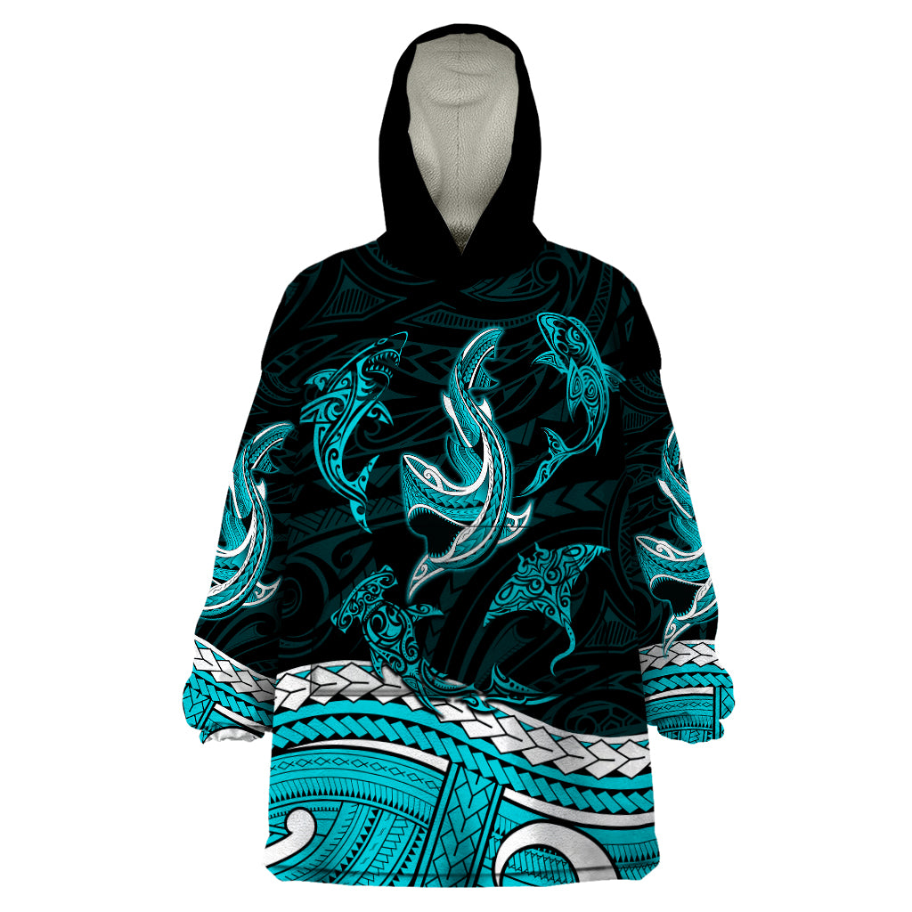 Polynesian Tribal Wearable Blanket Hoodie with Sharks Tattoo Green LT6 One Size Green - Polynesian Pride