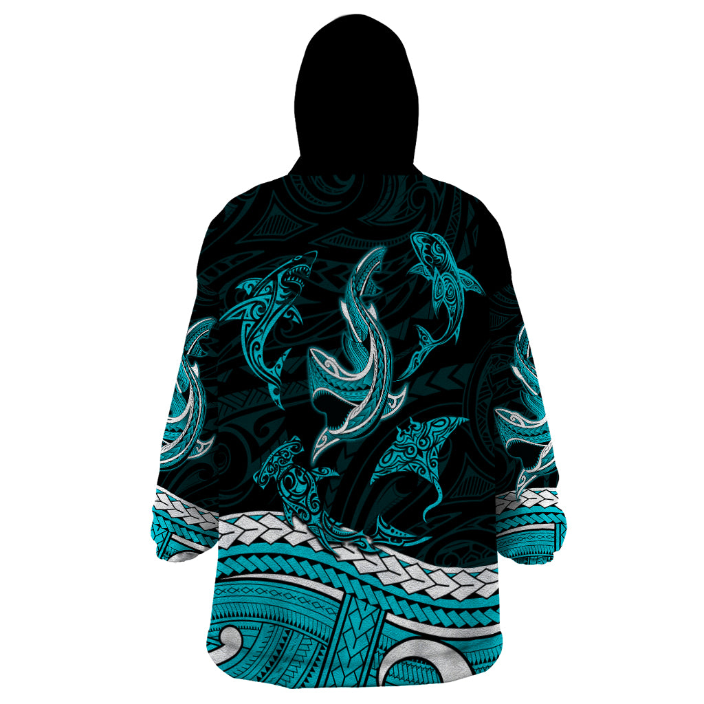 Polynesian Tribal Wearable Blanket Hoodie with Sharks Tattoo Green LT6 - Polynesian Pride