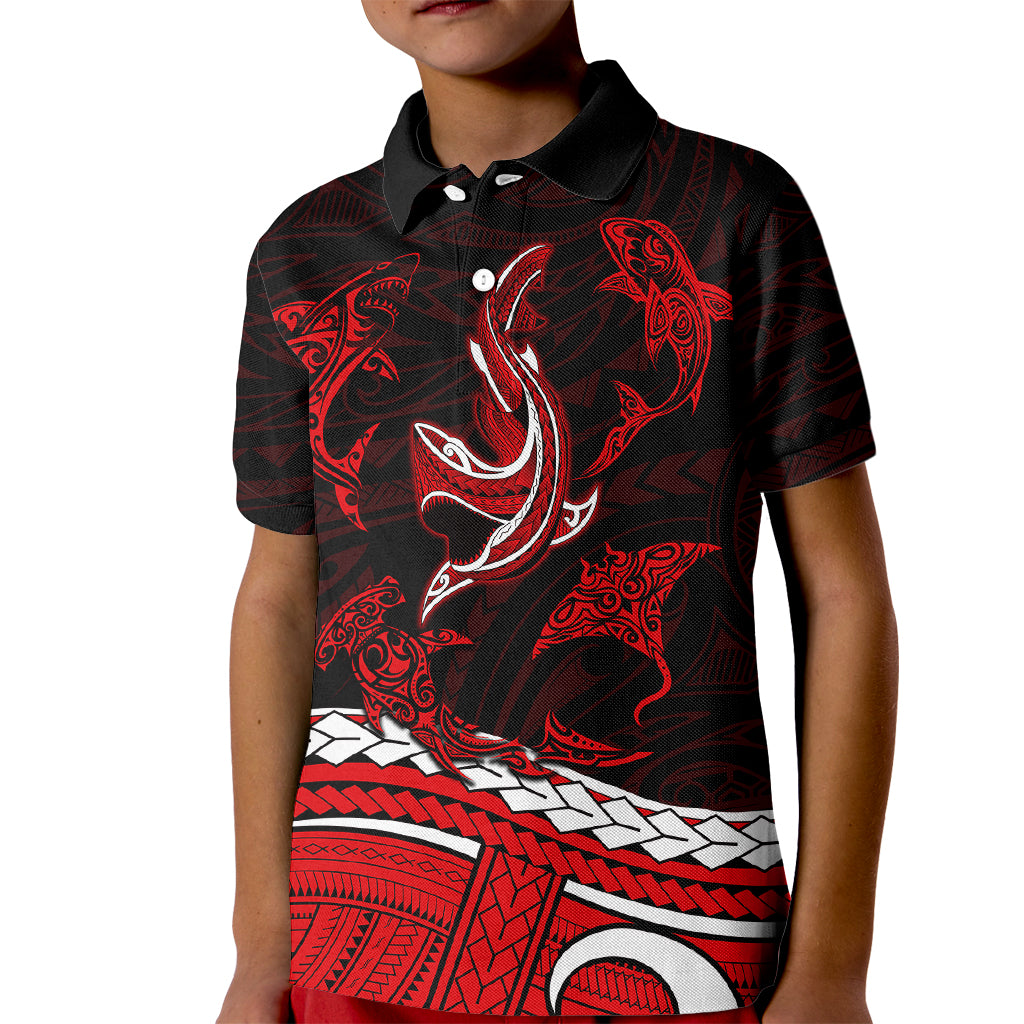 Polynesian Tribal Kid Polo Shirt with Sharks Tattoo Red LT6 Kid Red - Polynesian Pride
