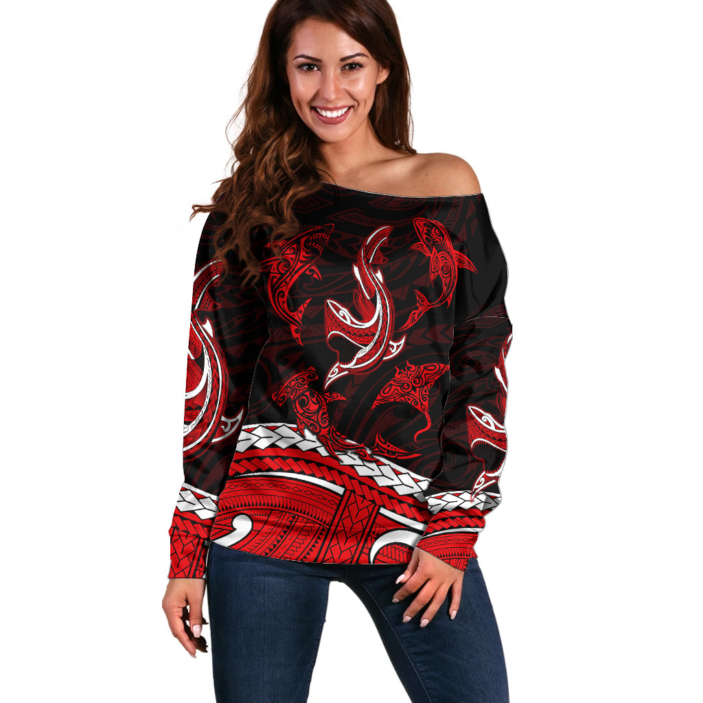 Polynesian Tribal Off Shoulder Sweater with Sharks Tattoo Red LT6 Women Red - Polynesian Pride