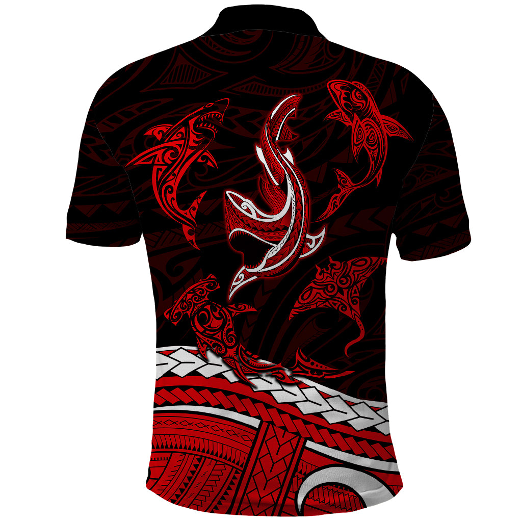 Polynesian Tribal Polo Shirt with Sharks Tattoo Red LT6 - Polynesian Pride