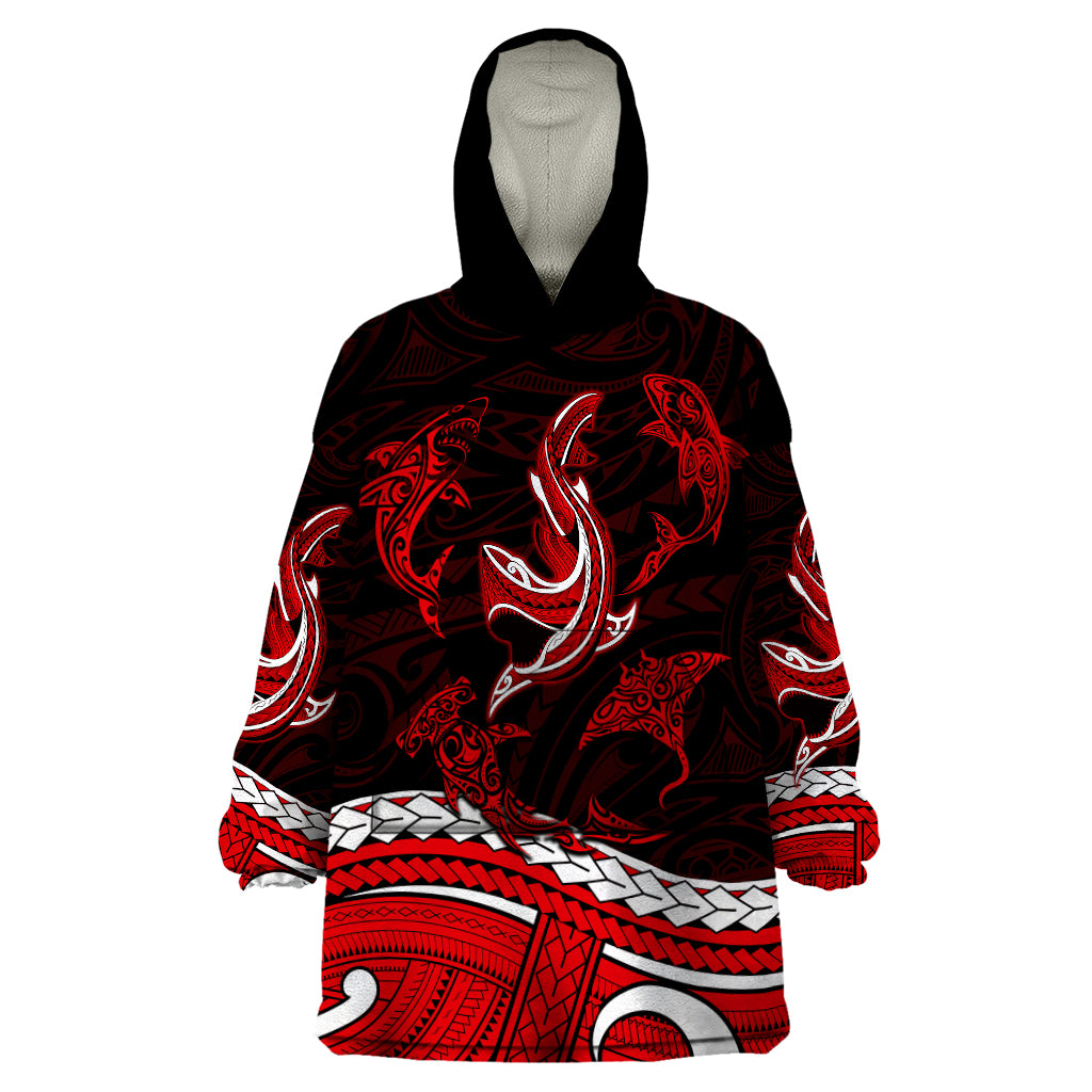 Polynesian Tribal Wearable Blanket Hoodie with Sharks Tattoo Red LT6 One Size Red - Polynesian Pride