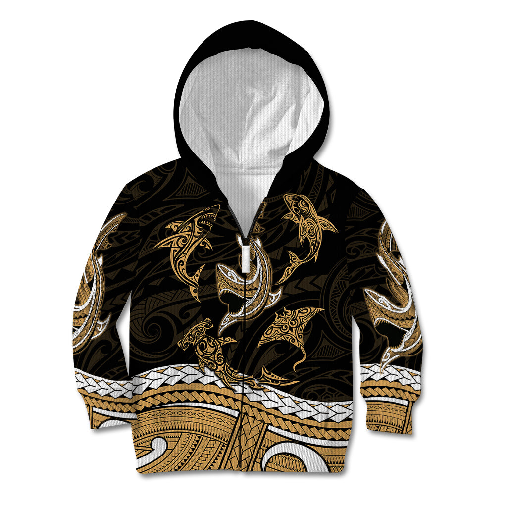 Polynesian Tribal Kid Hoodie with Sharks Tattoo Gold LT6 Zip Hoodie Gold - Polynesian Pride