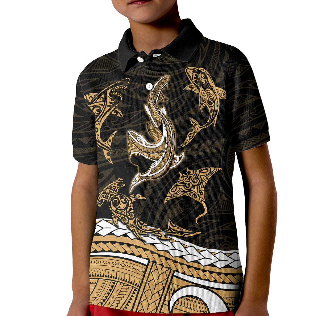 Polynesian Tribal Kid Polo Shirt with Sharks Tattoo Gold LT6 Kid Gold - Polynesian Pride