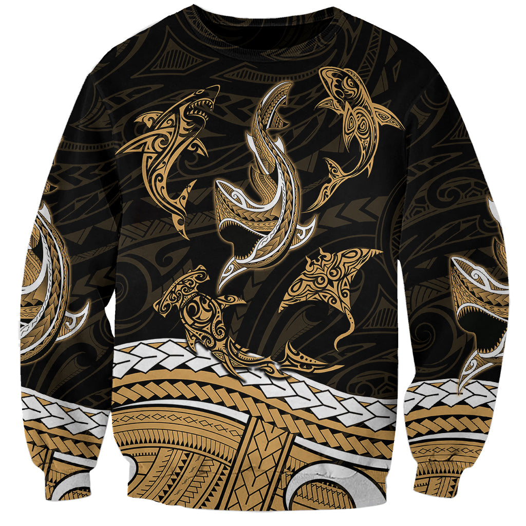Polynesian Tribal Sweatshirt with Sharks Tattoo Gold LT6 Unisex Gold - Polynesian Pride