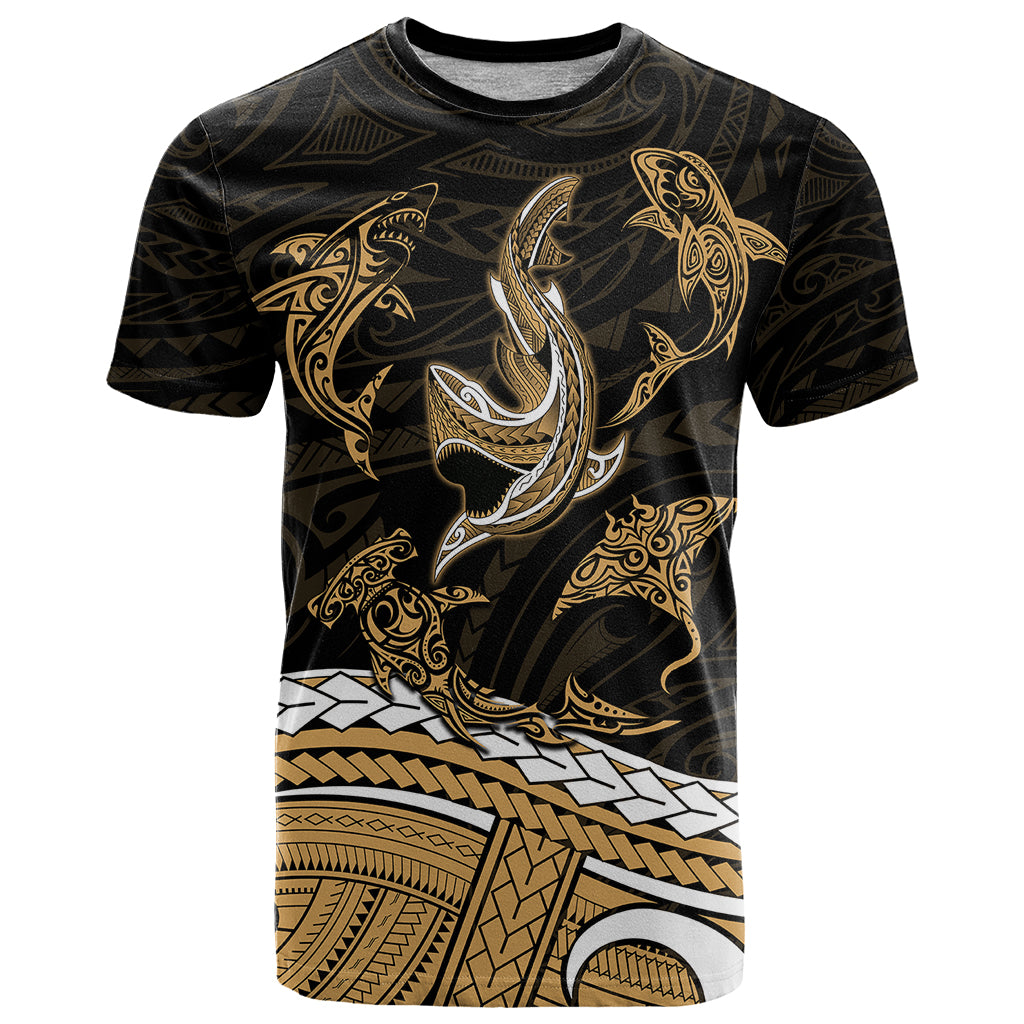 Polynesian Tribal T Shirt with Sharks Tattoo Gold LT6 Gold - Polynesian Pride