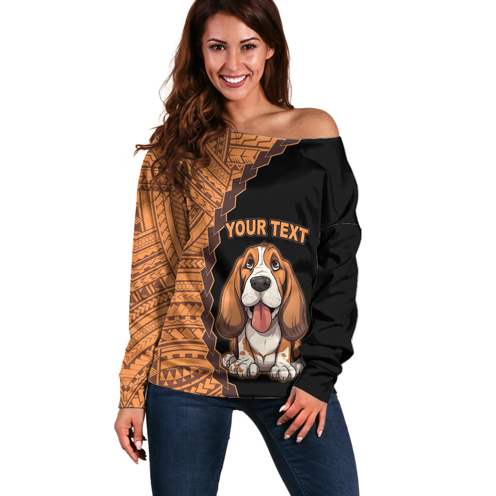 Custom Basset Hound Dog Off Shoulder Sweater With Polynesian Tribal Tattoo LT6 Women Black - Polynesian Pride