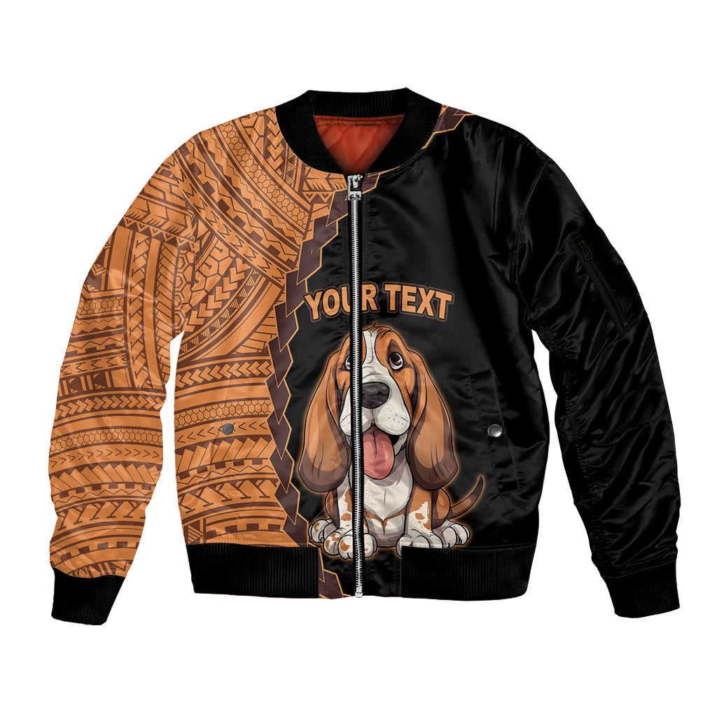 Custom Basset Hound Dog Sleeve Zip Bomber Jacket With Polynesian Tribal Tattoo LT6 Unisex Black - Polynesian Pride