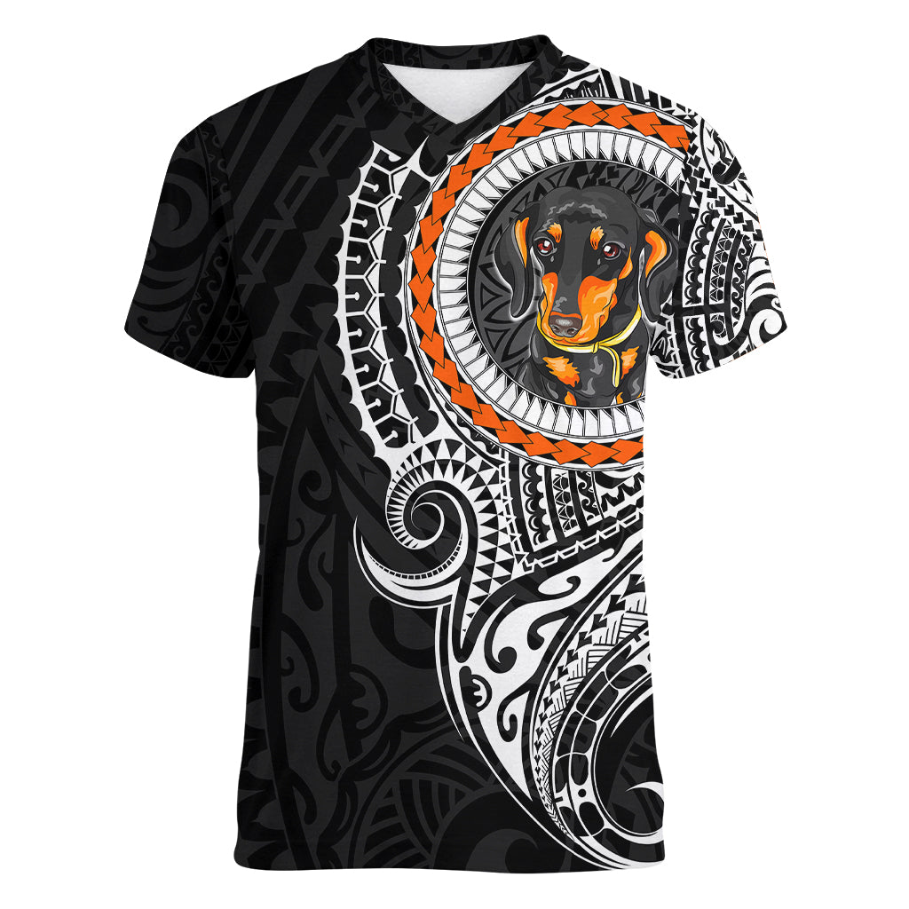 Polynesian Dachshund Dog Women V Neck T Shirt Dog In My Heart LT6 Female Black - Polynesian Pride