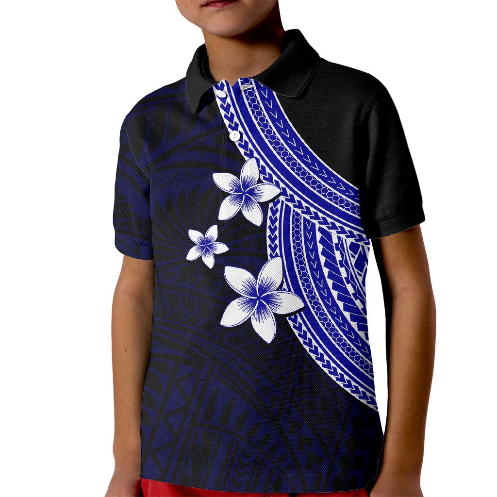 Polynesian Kid Polo Shirt With Plumeria Flower Blue LT6 Kid Blue - Polynesian Pride