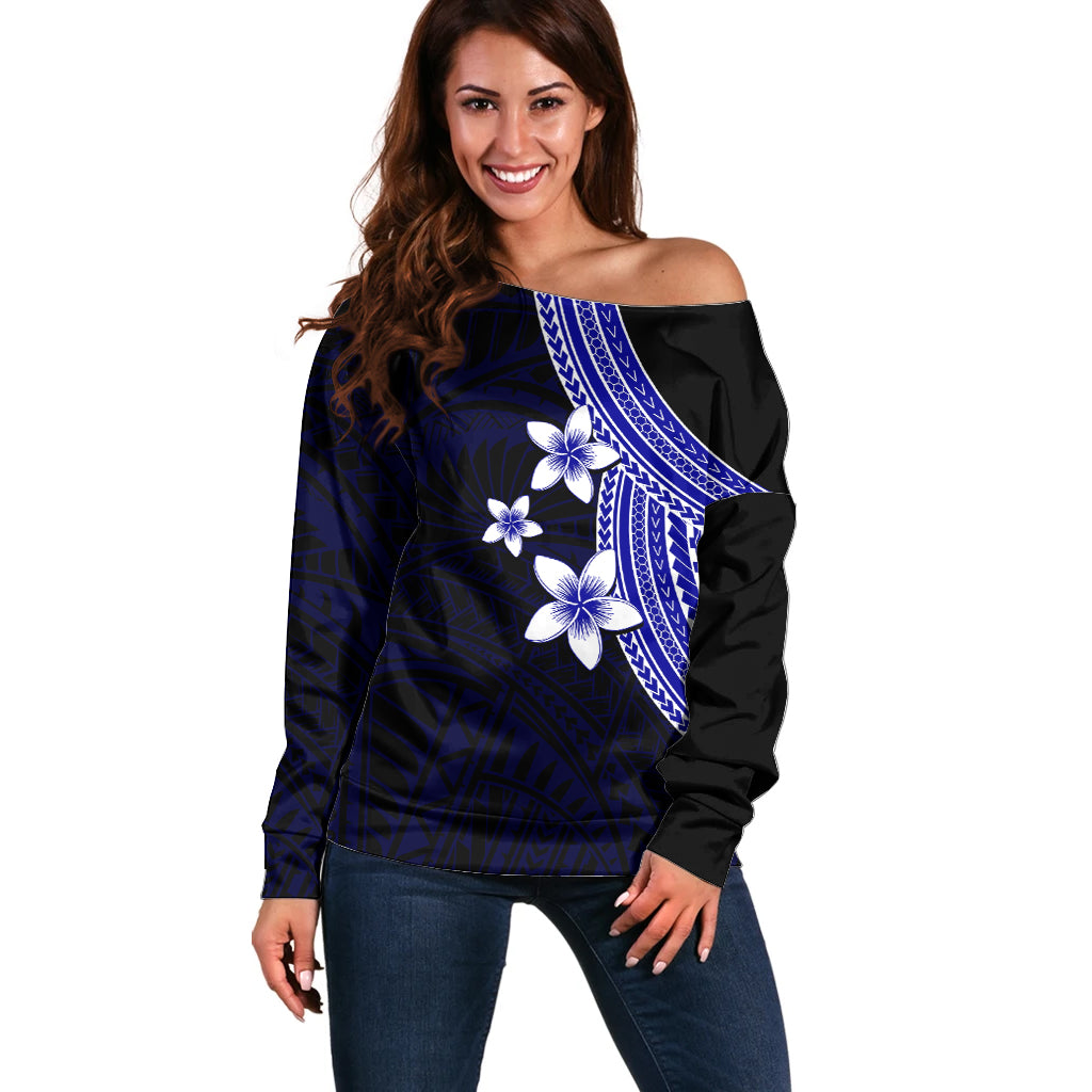 Polynesian Off Shoulder Sweater With Plumeria Flower Blue LT6 Women Blue - Polynesian Pride