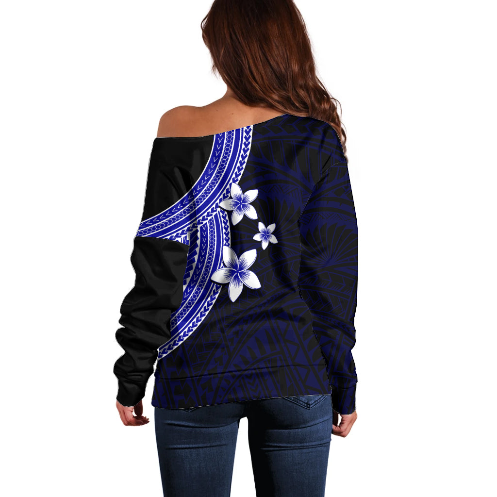 Polynesian Off Shoulder Sweater With Plumeria Flower Blue LT6 - Polynesian Pride