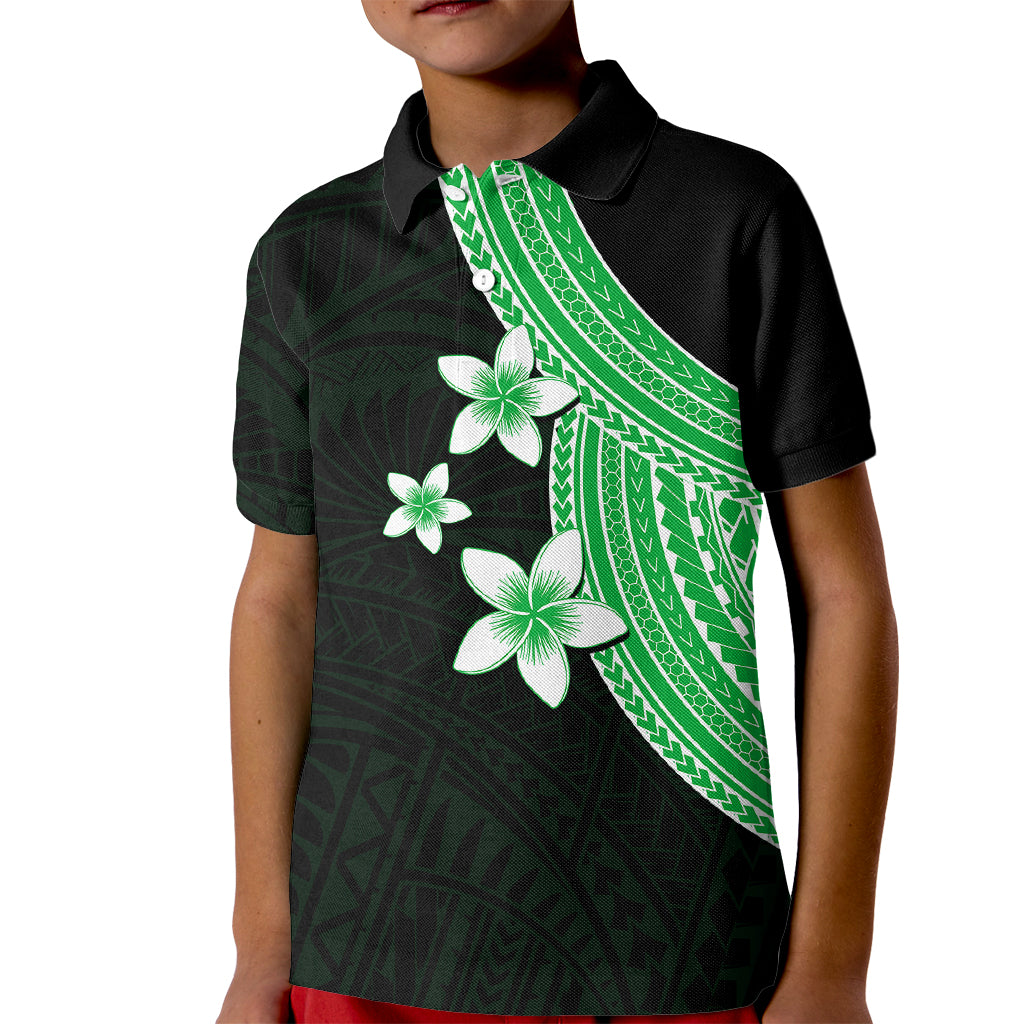 Polynesian Kid Polo Shirt With Plumeria Flower Green LT6 Kid Green - Polynesian Pride