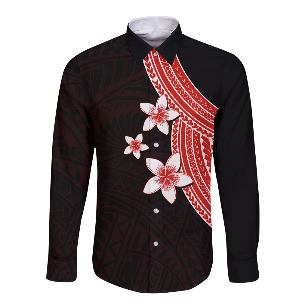 Polynesian Long Sleeve Button Shirt With Plumeria Flower Red LT6 Unisex Red - Polynesian Pride
