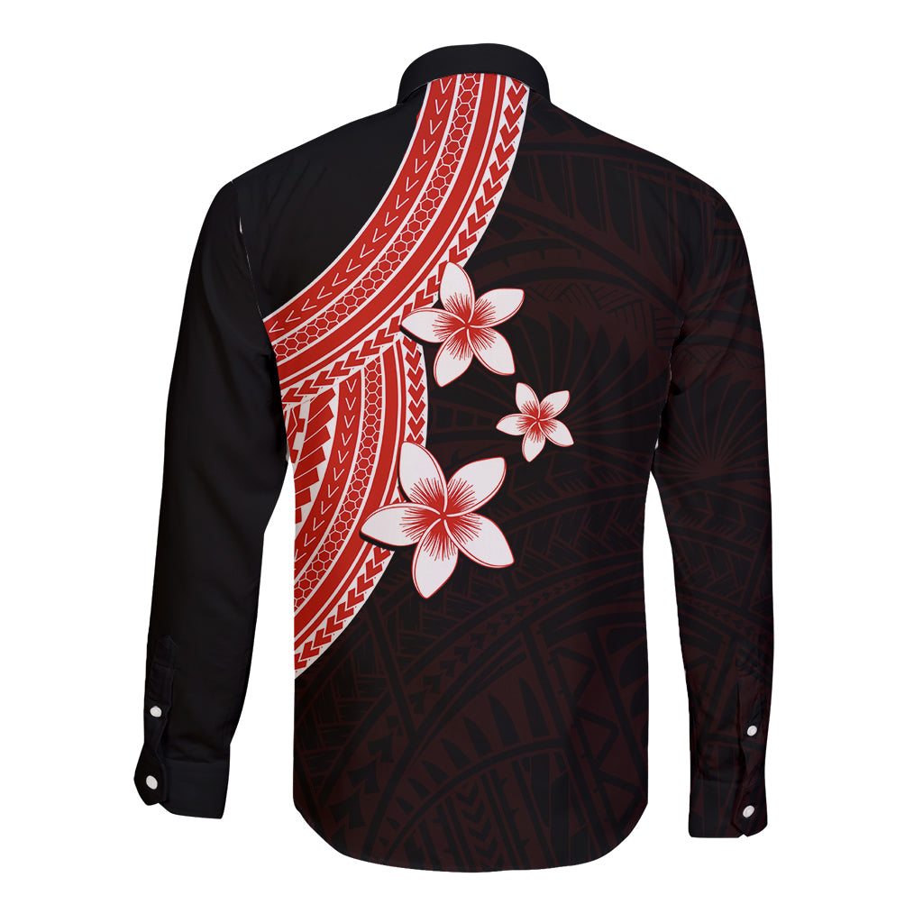 Polynesian Long Sleeve Button Shirt With Plumeria Flower Red LT6 - Polynesian Pride