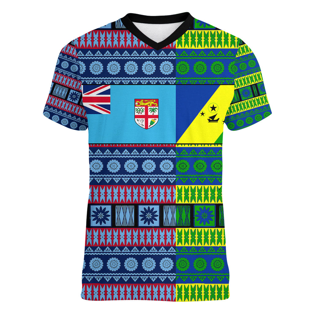 (Custom Personalised) Fiji Malampa Women V Neck T Shirt Tribal Patterns LT6 Female Blue - Polynesian Pride