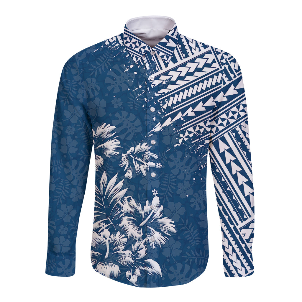 Hawaii Summer Long Sleeve Button Shirt Mix Polynesian Dark Blue LT6 Unisex Blue - Polynesian Pride