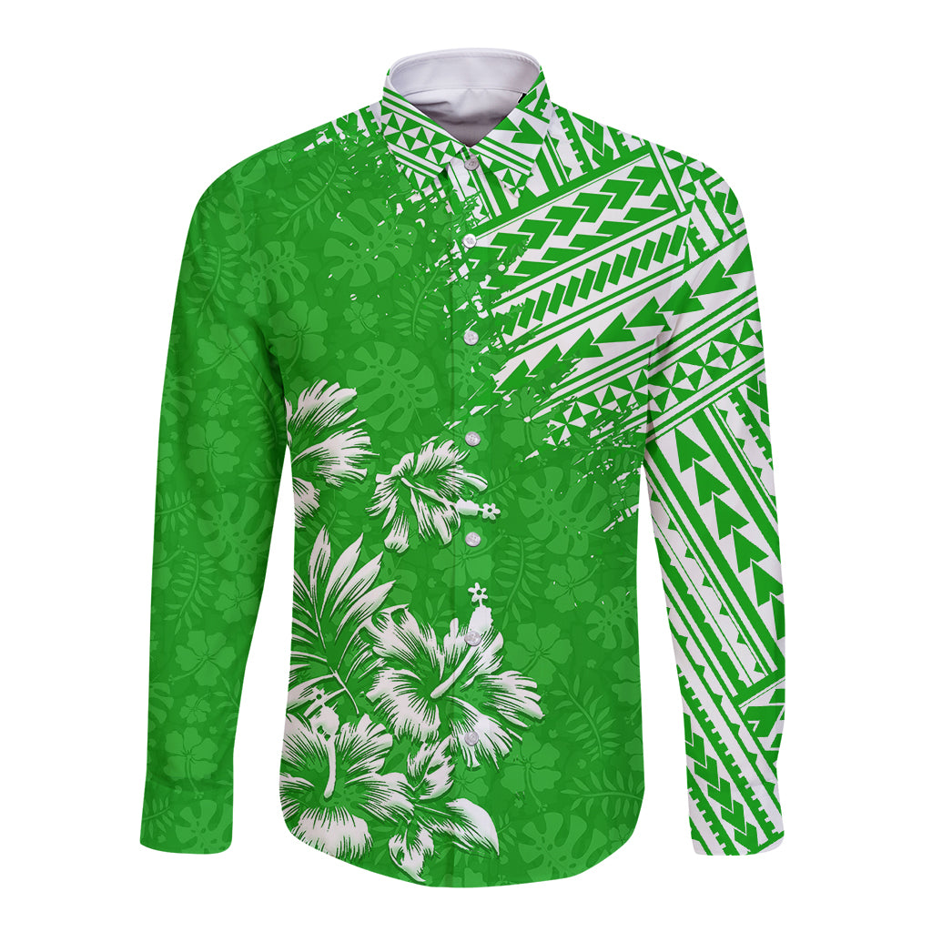 Hawaii Summer Long Sleeve Button Shirt Mix Polynesian Green LT6 Unisex Green - Polynesian Pride