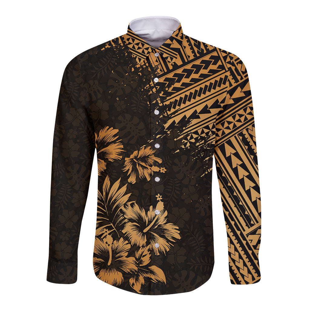 Hawaii Summer Long Sleeve Button Shirt Mix Polynesian Gold LT6 Unisex Gold - Polynesian Pride