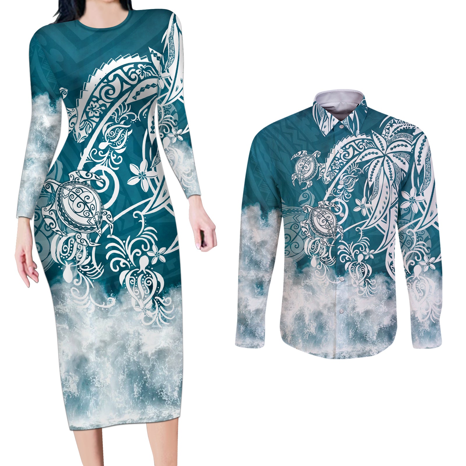 Polynesian Sea Turtle Couples Matching Long Sleeve Bodycon Dress and Long Sleeve Button Shirts Tribal LT6 Blue - Polynesian Pride