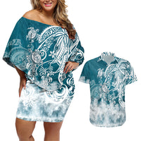 Polynesian Sea Turtle Couples Matching Off Shoulder Short Dress and Hawaiian Shirt Tribal LT6 Blue - Polynesian Pride