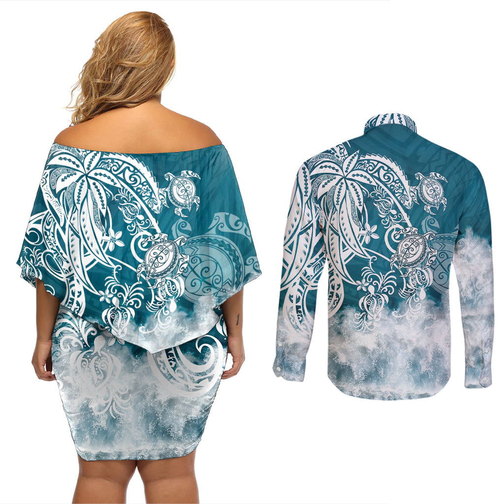Polynesian Sea Turtle Couples Matching Off Shoulder Short Dress and Long Sleeve Button Shirts Tribal LT6 - Polynesian Pride